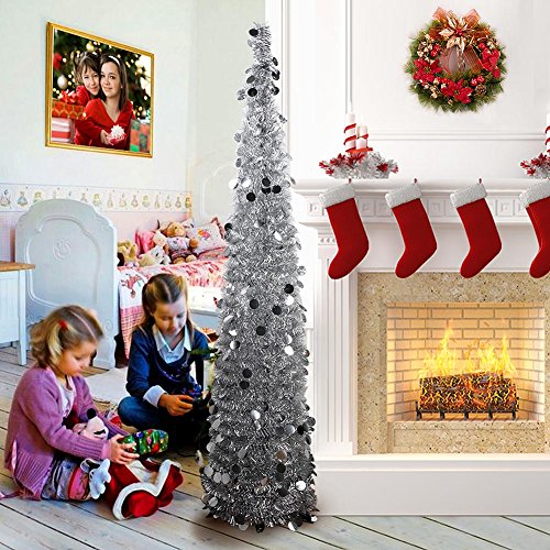 Product Cover AerWo 5ft Pop Up Christmas Tinsel Tree with Stand, Gorgeous Collapsible Artificial Christmas Tree for Christmas Decorations, Silver