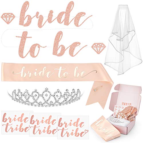 Product Cover xo, Fetti Rose Gold Pink Bachelorette Party Decorations Kit - Bridal Shower Supplies | Bride to Be Sash, Rhinestone Tiara, Pre-Strung Banner, Veil + Bride Tribe Tattoos