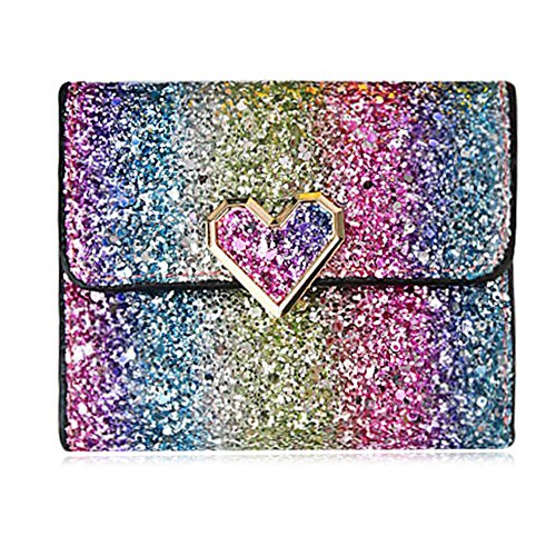 Product Cover Rmcxly Multicolor Metal Sequins Small Wallet PU Leather Patchwork Hasp Mini Wallet for Women and Purses Money Wallet Card Bag Coins Bag (Heart button), Large