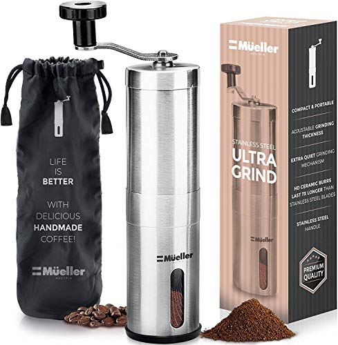 Product Cover Mueller Austria Manual Coffee Grinder, Whole Bean Conical Burr Mill for French Press/Turkish-Strongest and Heaviest Duty, Packaging May Vary, Hand Size, Brushed Stainless Steel