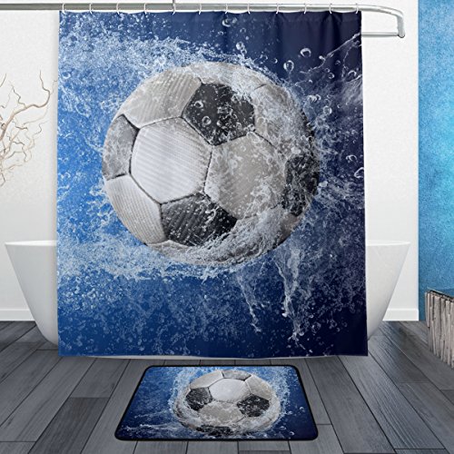 Product Cover ALAZA Set of 2 Sports 60 X 72 Inches Shower Curtain and Mat Set, Soccer Ball Waterproof Fabric Bathroom Curtain and Rug Set with Hooks