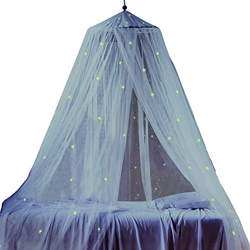 Product Cover Bed Canopy with Fluorescent Stars Glow in Dark for Baby, Kids, Girls Or Adults, Anti Mosquito As Mosquito Net Use to Cover The Baby Crib, Kid Bed, Girls Bed Or Full Size Bed, Fire Retardant Fabric