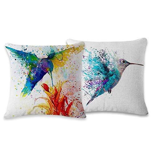 Product Cover Symuitrc Cotton Linen Throw Pillow Cover Decorative 18 X 18 Inch Pack of 2 Watercolor Printing Couch Pillow Cases Cushion Cover Bird
