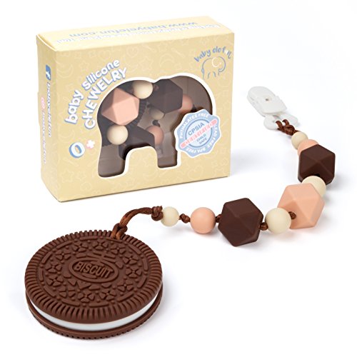 Product Cover Teething Toys BPA Free Silicone - Very Cute and Highly Effective Pain Relief Brown Cookie Teether with Pacifier Clip for Stylish Boy or Girl - Best Unique Baby Shower Gifts - Teethers Toy for Freezer