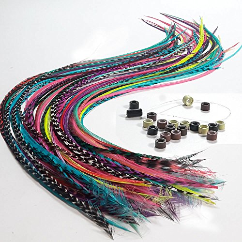 Product Cover Feather Hair Extensions, 100% Real Rooster Feathers, Long Rainbow Colors, 20 Feathers with 20 Beads and 1 Loop Tool Kit, By Sexy Sparkles
