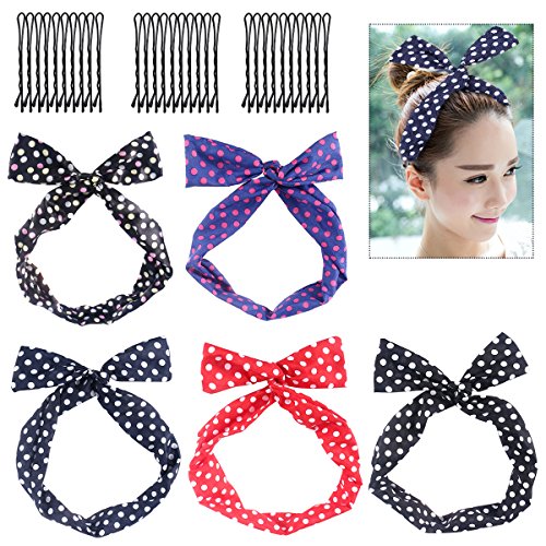 Product Cover Frcolor Twist Bow Headbands, 5pcs Retro Polka Dot Wired Headband Scarf Set with 30pcs Bobby Pins for Women and Girls