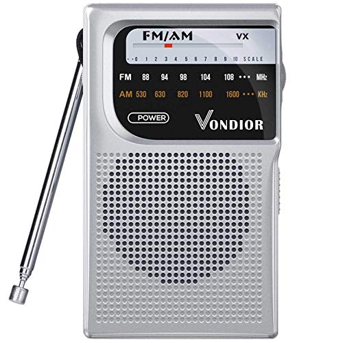 Product Cover AM FM Battery Operated Portable Pocket Radio - Best Reception and Longest Lasting. AM FM Compact Transistor Radios Player Operated by 2 AA Battery, Mono Headphone Socket, by Vondior (Silver)