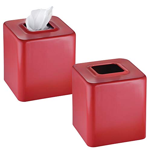 Product Cover mDesign Modern Square Metal Paper Facial Tissue Box Cover Holder for Bathroom Vanity Countertops, Bedroom Dressers, Night Stands, Desks and Tables - 2 Pack - Red