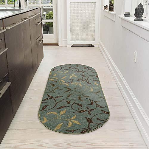 Product Cover Ottomanson Ottohome Collection Collection Contemporary Leaves Design Non-Skid Rubber Backing Modern Area Rug, 2' X 5' Oval, Seafoam