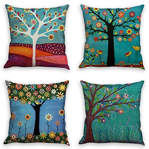 Product Cover laime Throw Pillow Covers Natural Pattern Decorative Pillowcases 18x18inch (4 Pieces Set) Pillow Cases Home Car Decorative Trees and Birds