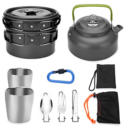 Product Cover Odoland 10pcs Camping Cookware Mess Kit, Lightweight Pot Pan Kettle with 2 Cups, Fork Knife Spoon Kit for Backpacking, Outdoor Camping Hiking and Picnic