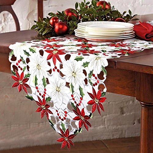 Product Cover OurWarm Christmas Embroidered Table Runners Poinsettia Holly Leaf Table Linens for Christmas Decorations 15 x 69 Inch