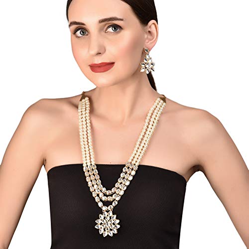 Product Cover Touchstone New Contemporary Kundan Collection Indian Bollywood Majestic Indian Mughal Kundan Look Triple Line Faux Pearls Strands Long Designer Jewelry Wedding Necklace Set in Antique Gold Tone for