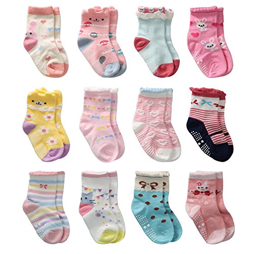 Product Cover 12 Pairs Toddler Girl Grips Socks, Baby Socks Girl Home Socks Anti Slip for Kids (18-36 Months, 12 Pairs)