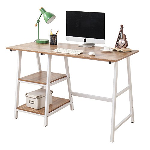 Product Cover Soges Computer Desk Trestle Desk Writing Home Office Desk Hutch Workstation with Shelf, Oak 47 inches CS-Tplus-120OK