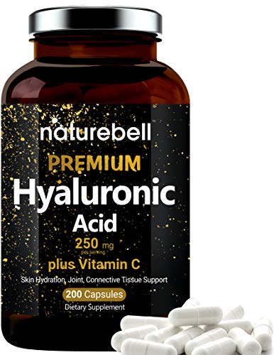 Product Cover NatureBell Hyaluronic Acid Supplements, 250mg Hyaluronic Acid with 25mg Vitamin C Per Serving, 200 Capsules, Supports Skin Hydration, Joints Lubrication and Antioxidant. No GMOs and Made in USA.