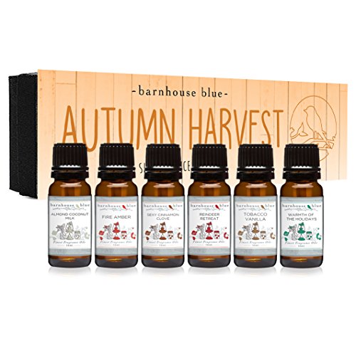 Product Cover Autumn Harvest Gift Set of 6 Premium Fragrance Oils - Almond Coconut Milk, Fire Amber, Sexy Cinnamon Clove, Reindeer Retreat, Warmth of The Holidays, Tobacco Vanilla - Barnhouse Blue