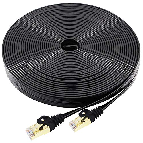 Product Cover Cat7 Ethernet Cable 30 FT with Cable Clips, BUSOHE Cat-7 Flat RJ45 Computer Internet LAN Network Ethernet Patch Cable Cord - 30FT Black