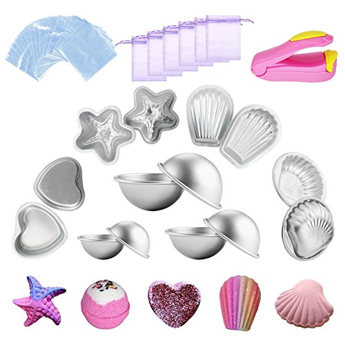 Product Cover Kyerivs Metal Bath Bomb Mold 14 PCS(6 Hemispheres, 2 Starfish, 2 Heart, 2 Shell, 2 Scallop) with 100 Shrink Wrap Bags 6 Gift Bag and 1 Mini Heat Sealer for Bath Bombs Handmade Soaps & Cake