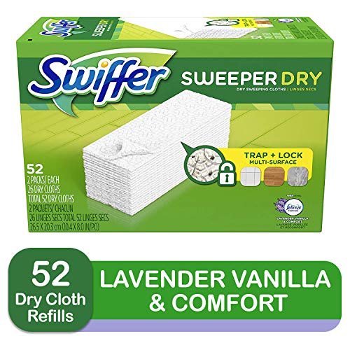 Product Cover Swiffer Sweeper Dry Mop Pad Refills for Floor Mopping and Cleaning, All Purpose Floor Cleaning Product, Lavender Vanilla and Comfort Scent, 52 Count