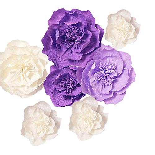 Product Cover Ling's moment Paper Flower Decorations, 7 X Crepe Paper Flower(8''-4'' Assorted), Handcrafted Purple & Cream Flowers for Wedding, Baby Nursery, Bridal Shower, Photo Booth Backdrop, Centerpieces
