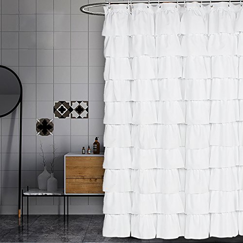 Product Cover Volens White Shower Curtain Fabric/Ruffle for Bathroom,72in Long