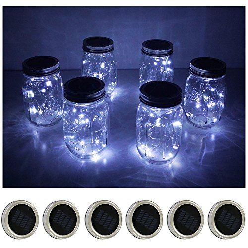 Product Cover 6 Pack Mason Jar Lights 10 LED Solar Cool White Fairy String Lights Lids Insert for Patio Yard Garden Party Wedding Christmas Decorative Lighting Fit for Regular Mouth Jars(Jars Not Included)