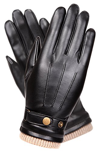 Product Cover WARMEN Mens Touchscreen Texting Winter Leather Gloves Driving Long Fleece Lining Black - Wool/Cashmere Blend Cuff
