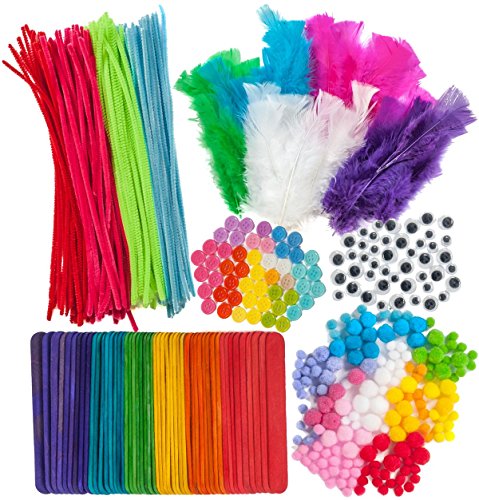Product Cover 600 Piece Crafts Supplies Mega Pack - Includes Feathers. Craft Buttons, Pom Poms, Colored Popsicle Sticks, Googly Eyes, and Chenille Stems