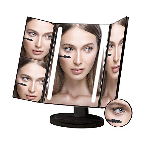 Product Cover World Power Lighted Makeup Mirror with 24 LED Lights,Tri-Fold Vanity Mirror, 3 X 2X 1X Magnification Mirror with Touch Screen and Removable 10X Magnification Spot Mirror,Dual Power Supply(Black)