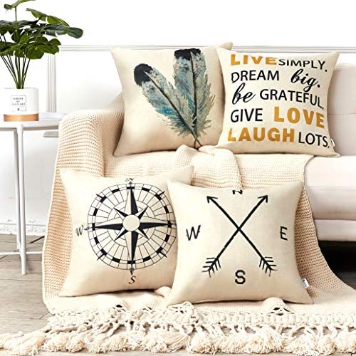 Product Cover Anickal Decorative Throw Pillow Covers 18x18 Inches Set of 4 Cotton Linen Compass Arrow Feather Live Love Laugh Quote Couch Pillow Covers for Modern Simple Farmhouse Style Decor