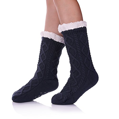 Product Cover SDBING Women's Super Soft Warm Cozy Fuzzy Fleece lined Twist Non-Slip Winter Christmas gift Slipper Socks (Dark Blue)