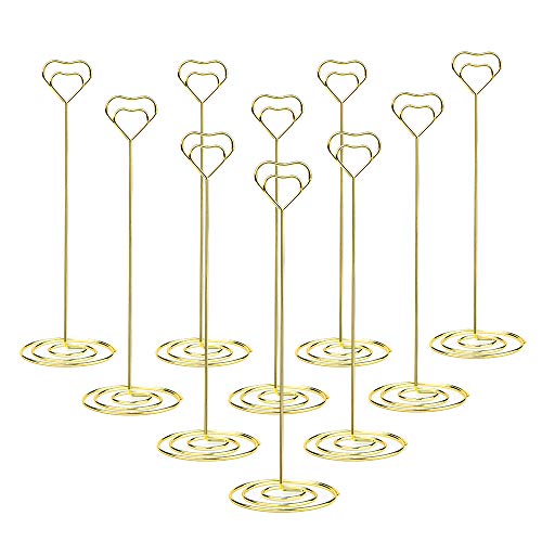 Product Cover Jofefe 10pcs 8.6 Inch Tall Place Card Holder Table Number Holder Table Card Holder Table Number Stands with Heart Shap Photo Memo Clips for Wedding Favors, Gold