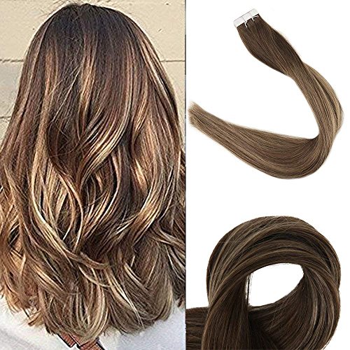 Product Cover Full Shine 18 inch Tape in Human Hair Extensions Ombre Color #4 Fading to Color #24 Light Blonde and Color #4 Medium Brown Gule in Real Human Hair Extension 20 Piece 50G/Package