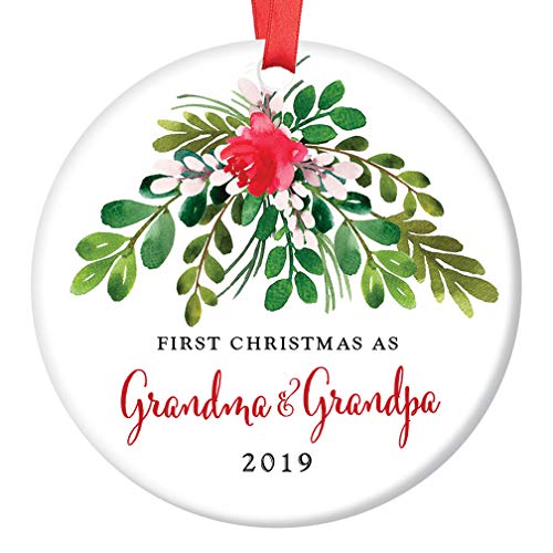 Product Cover Grandma & Grandpa Ornament 2019 First Christmas as Grandmom & Grandpop New Grandparents Porcelain Ornament, 3