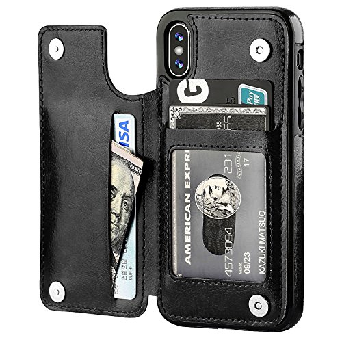 Product Cover iPhone Xs iPhone X Wallet Case with Card Holder,OT ONETOP Premium PU Leather Kickstand Card Slots Case,Double Magnetic Clasp and Durable Shockproof Cover(Black)