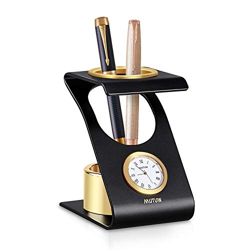 Product Cover MUTUW Business Gifts Stylish All-Metal Desktop Round Clock Pen Pencil Holder Decorations in Luxury Gift Box Perfect for Home Office Decoration - Black