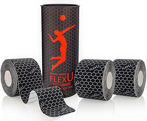 Product Cover FlexU Black Kinesiology Tape - 3 Roll Value Pack - 60 Pre-Cut 10 Inch Strips - Hypoallergenic Longer Lasting Pro Grade - Therapeutic Recovery Synthetic Athletic Muscle Tape - Water Resistant