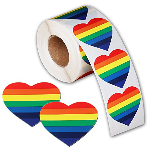 Product Cover 500 Love Rainbow Ribbon Stickers, Gay Pride 7 Colors Stripes Heart Shaped Roll Tape