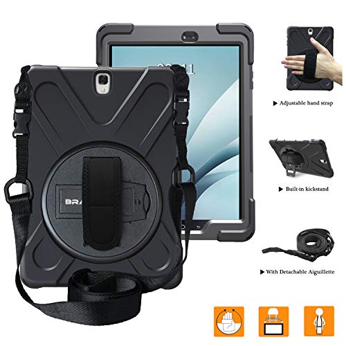 Product Cover BRAECNstock for Galaxy Tab A 9.7 Case Full-Body Shock Proof Hybrid Heavy Duty Armor Protective Case for Samsung Galaxy Tab A 9.7 [SM-T550] Case with Kickstand/Hand Strap/Shoulder Strap (Black)