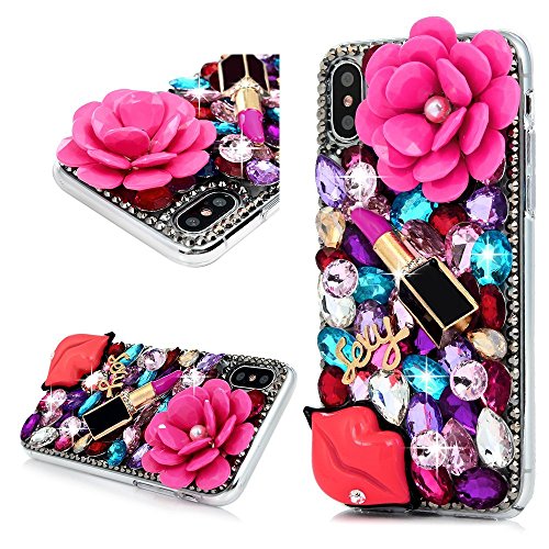 Product Cover iPhone X Bling Glitter Case, Awsaccy(TM) Unique 3D Handmade Bling Crystal Sparkly Diamond Rhinestone Pink Pearl Floral Lipstick Fashion Design Shiny Case for iPhone X Girls Women