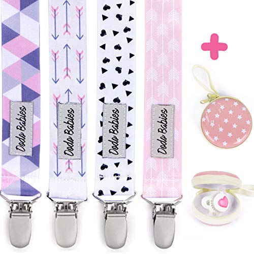 Product Cover Pacifier Clip by Dodo Babies Pack of 4 + Pacifier Case, Premium Quality for Girls Modern Designs Universal Holder Leash for Pacifiers, Teething Toy or Soothie, Baby Shower Gift Set