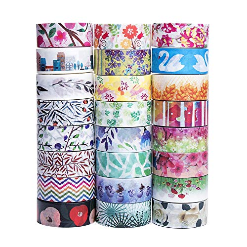 Product Cover Cute Washi Tape Set - The Theme of Nature, 24 Different Designs About Floral Japanese Pastel, Decorative Masking Tape for Arts and DIY Crafts, Bullet Journal