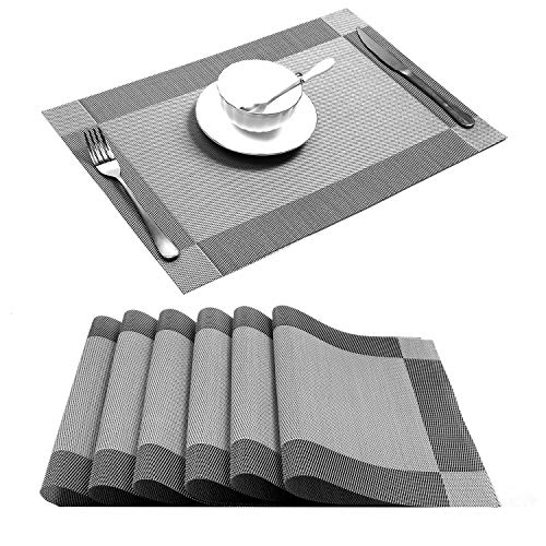 Product Cover U'Artlines Placemat, Crossweave Woven Vinyl Non-Slip Insulation Placemat Washable Table Mats Set of 6 (6pcs placemats, Silver-Gray)
