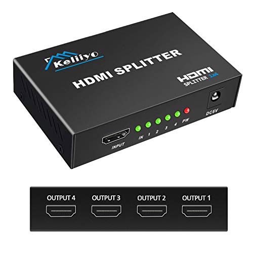 Product Cover KELIIYO Hdmi Splitter 1 in 4 Out V1.4b Powered Hdmi Video Splitter with AC Adaptor Duplicate/Mirror Screen Monitor Supports Ultra HD 1080P 2K and 3D Resolutions (1 Input to 4 Outputs)