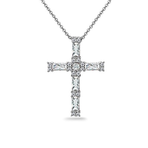 Product Cover GemStar USA Sterling Silver Baguette-Cut Cross Necklace Made with Swarovski Zirconia