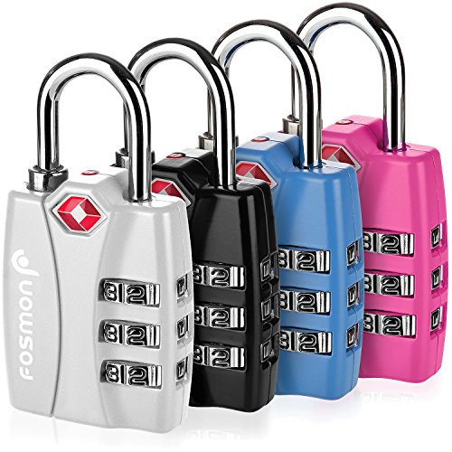 Product Cover Fosmon TSA Approved Luggage Locks, (4 PACK) Open Alert Indicator 3 Digit Combination Padlock Codes with Alloy Body for Travel Bag, Suit Case, Lockers, Gym, Bike Locks - Black, Blue, Pink, and Silver