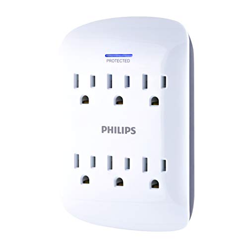 Product Cover PHILIPS 6-Outlet Surge Protector Tap, 900 Joules, Space Saving Design, Protection Indicator LED Light, Gray & White, SPP3461WA/37