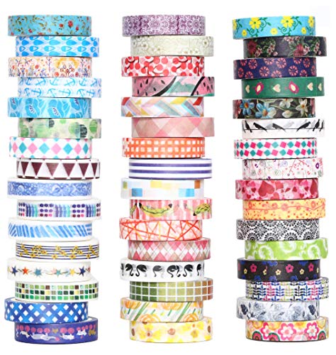 Product Cover 48 Rolls Washi Tape Set - 8mm Wide Decorative Masking Tape, Colorful Flower Style Design for DIY Craft Scrapbooking Gift Wrapping