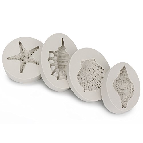 Product Cover Shell Silicone Mold, Beasea 4pcs Cake Decorating Mold 3D Starfish Seashells Conch Shell Silicone Mold Beach Theme Molds Reusable Fondant Sugar Craft Tools Chocolate Candy Molds Kitchen Baking